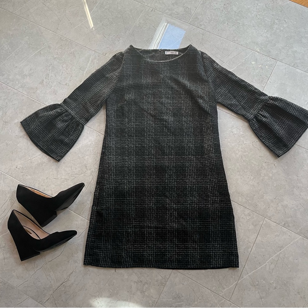 MNG Casual plaid wide bell sleeve gray black mini dress